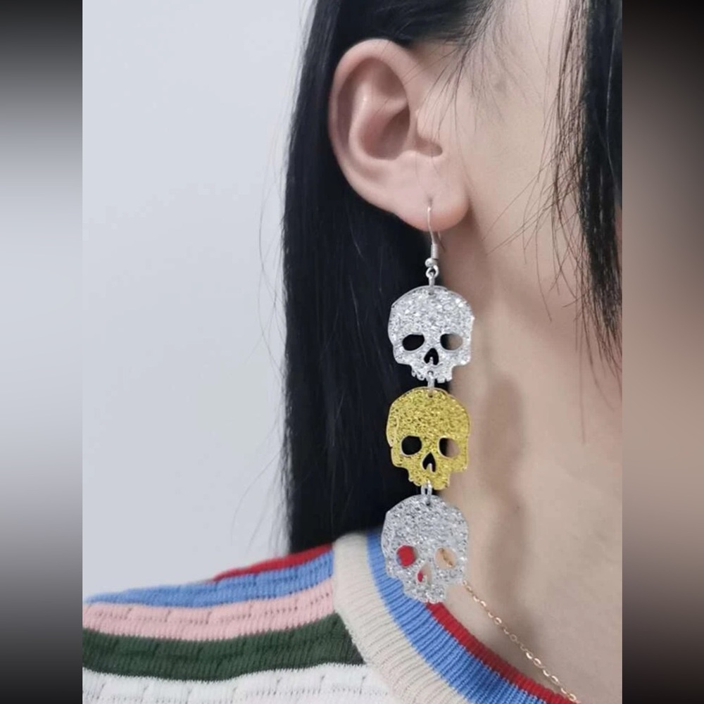 💀 Awesome Skeleton Skull Glitter Tassel Drop Earrings 💀